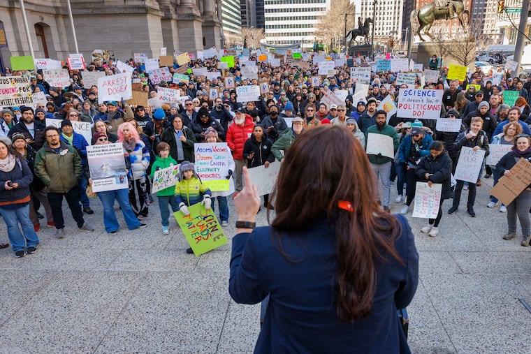 Organizer Amanda Rabinowitz was the first speaker at a "Stand up for Science" rally Friday at Philadelphia City Hall.