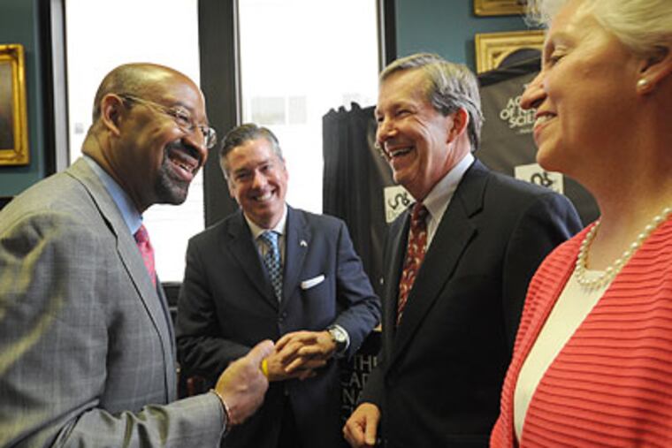 At the Academy of Natural Sciences, Mayor Michael Nutter; Drexel President John Fry; Academy CEO George Gephart, Jr., and Pew Charitable Trusts President and CEO Rebecca Rimel announce Thursday that the Academy will become a subsidiary of Drexel University. (April Saul / Staff Photographer)