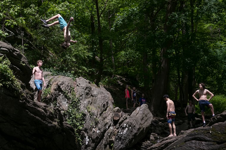 Boys jumping into Devil's Pool at Wissahickon Valley Park in May.
