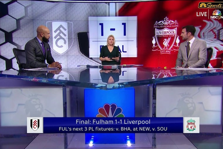 Rebecca Lowe (center) hosting an NBC Sports Premier League studio show last December with analysts Danny Higginbotham (right) and Tim Howard.