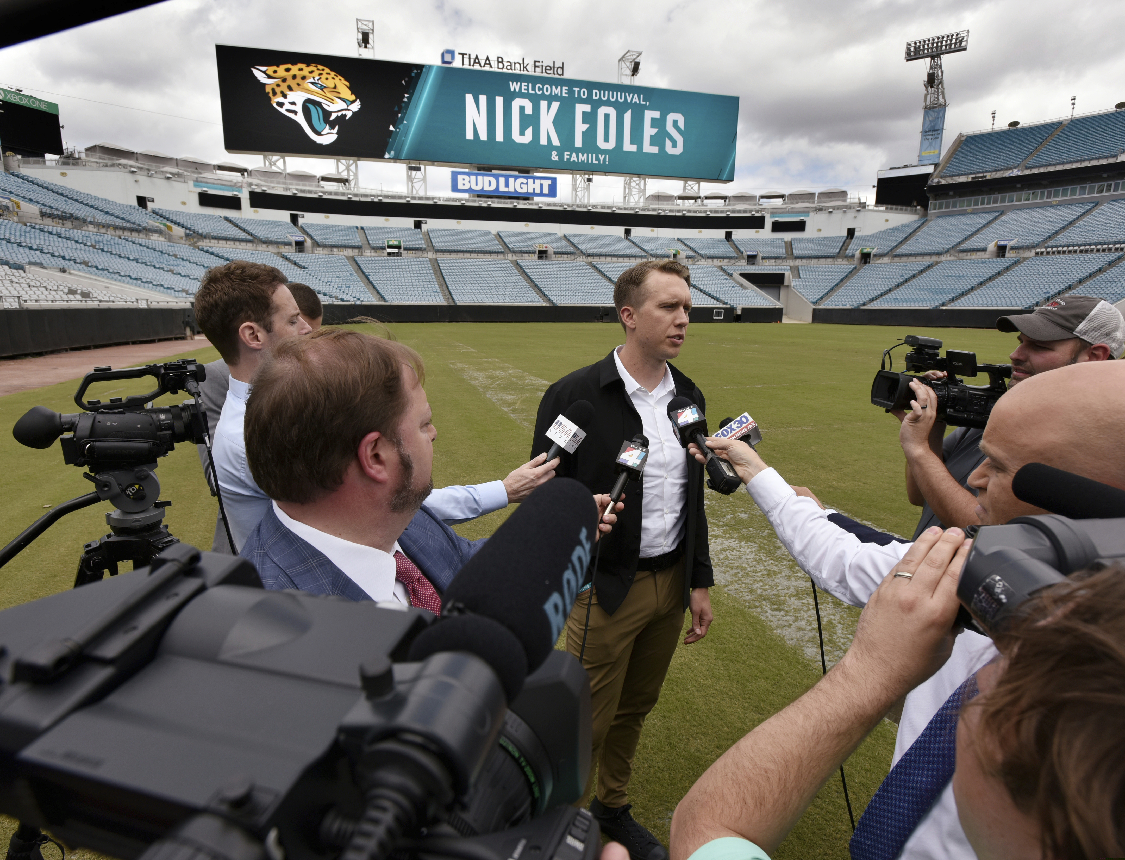 Quarterback Nick Foles talks to the media at TIAA Bank Field in Jacksonville, Fla., after signing with the Jaguars in March.