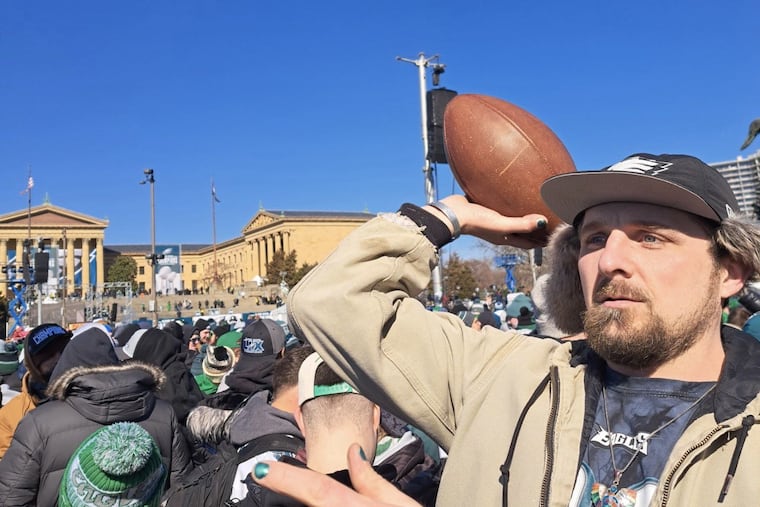 Ian Austin of Montgomery County celebrates the Philadelphia Eagles' 2025 Super Bowl Win at the parade on Feb. 14, 2025. Austin, a former U.S. Army Ranger who served in Afghanistan, was indicted alongside journalist Don Lemon for protesting ICE at a St. Paul church.