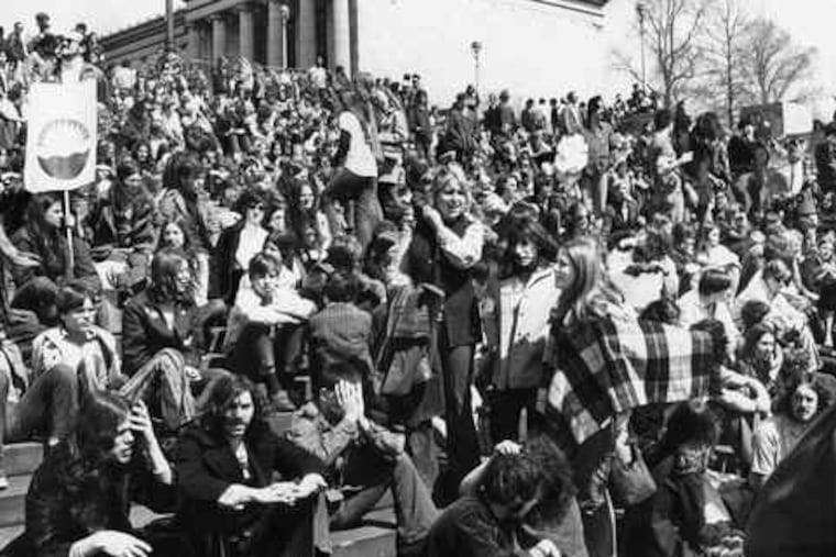 Philadelphia's first Earth Day celebration, in 1970, was led by Ira Einhorn, left, and drew hordes of environmental activists to a rally outside the Art Museum.