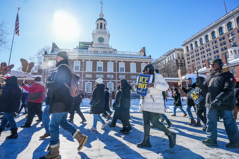 Advocates and protestors call for ICE to get out of Philadelphia, in Center City on Tuesday.