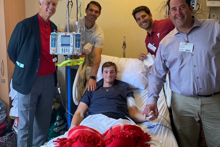 Phillies pitching prospect Corey Phelan with (from left) Dave Dombrowski, Preston Mattingly, Rob Segedin, and Joe Cynar.