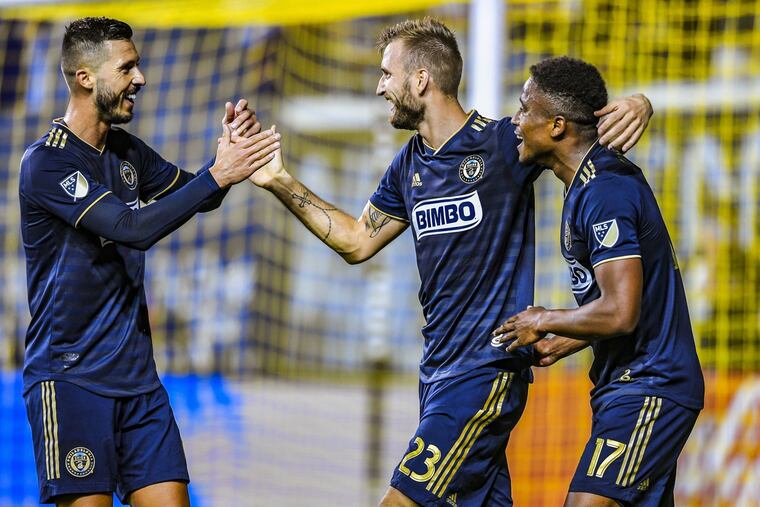 Kacper Przybylko (center) scored for the Union in their 1-1 draw with Los Angeles FC at Talen Energy Stadium.
