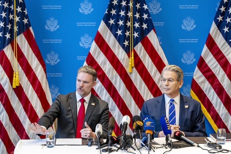 U.S. Trade Representative Jamieson Greer, left, and U.S. Secretary of the Treasury Scott Bessent take part in a press conference after two days of closed-door discussions on trade between the United States and China in Geneva, Switzerland.