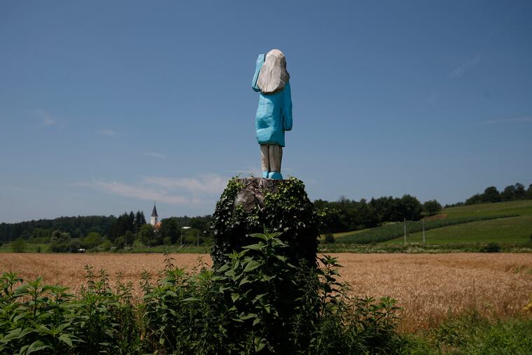 In this Friday, July 5, 2019 photo, a sculpture created by American artist Brad Downey depicting Melania Trump is seen in her hometown in Sevnica, Slovenia. A life-size sculpture of the U.S. first lady has been unveiled in her hometown of Sevnica, drawing mixed reactions from the locals.