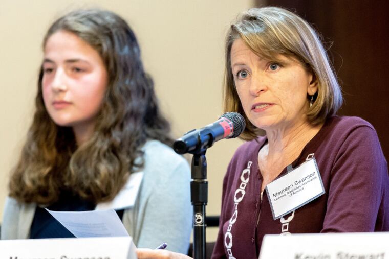 Maureen Swanson of the Learning Disabilities Association of America gives testimony at an EPA public hearing on its proposal to roll back clean car standards in Pittsburgh Sept. 26, 2018.