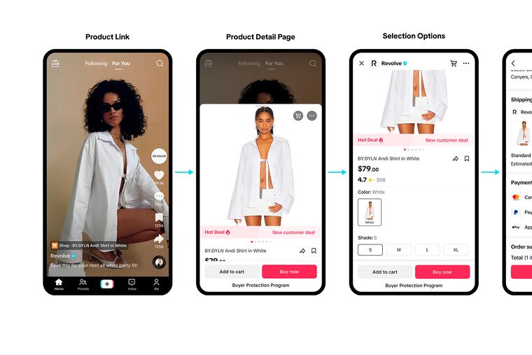 A product listing on TikTok from the retail company Revolve. TikTok is fully launching its e-commerce wing, TikTok Shop, in the United States.
