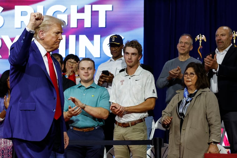 Donald Trump campaigned in Oaks in October 2024. Two suburban Trump supporters are suing John Does for threatening letters they received during the heated campaign.