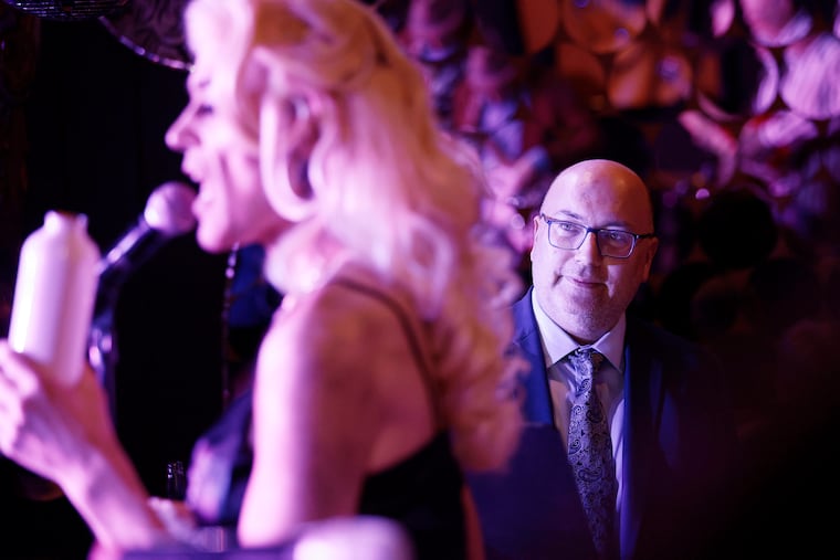 Pianist Victor Fiorillo (right) looks on as drag queen Martha Graham Cracker (Dito van Reigersberg) performs at B. West in Philadelphia on Friday, March 15, 2024.