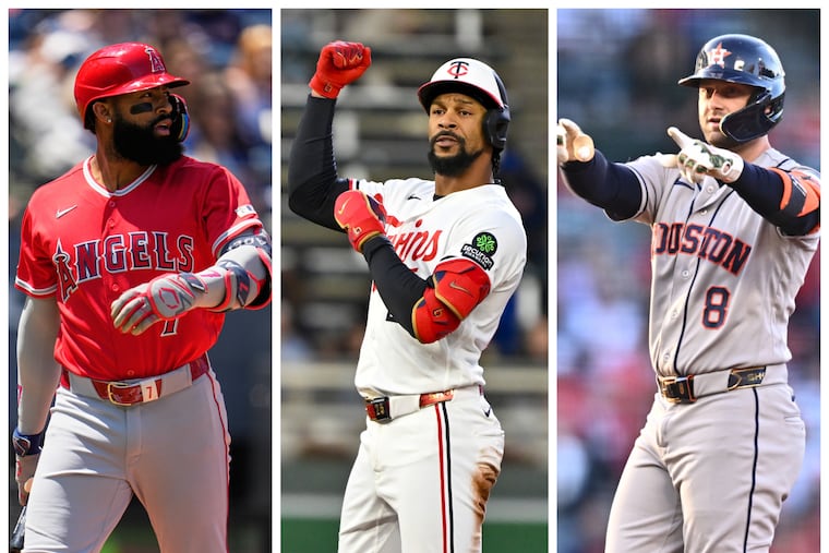 The Angels' Jo Adell (left), the Twins' Byron Buxton (center), and the Astros' Christian Walker (right) are right-handed hitters who could be available at the trade deadline.