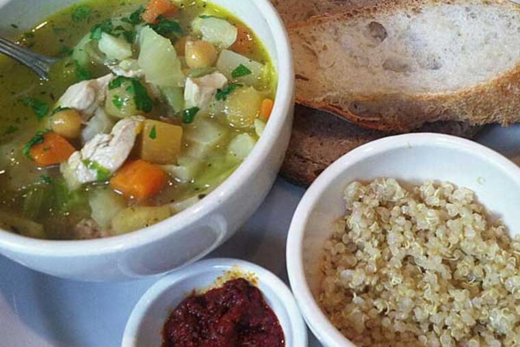 Organic chicken pot-au-feu with quinoa and harissa at Le Pain Quotidien.