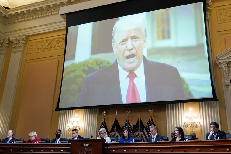A video of former President Donald Trump shown on a screen, as the House select committee investigating the Jan. 6 attack on the U.S. Capitol held a hearing at the Capitol in Washington on July 21.