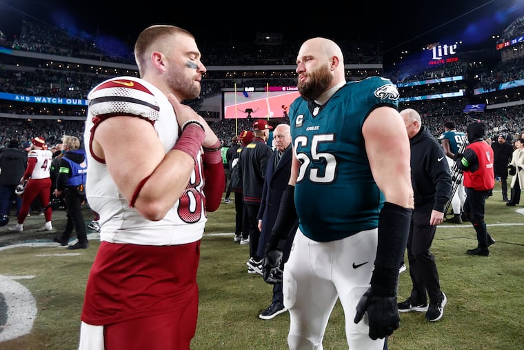 Could Zach Ertz (left, with Eagles tackle Lane Johnson after the 2024 NFC championship game) be back on the Eagles roster?