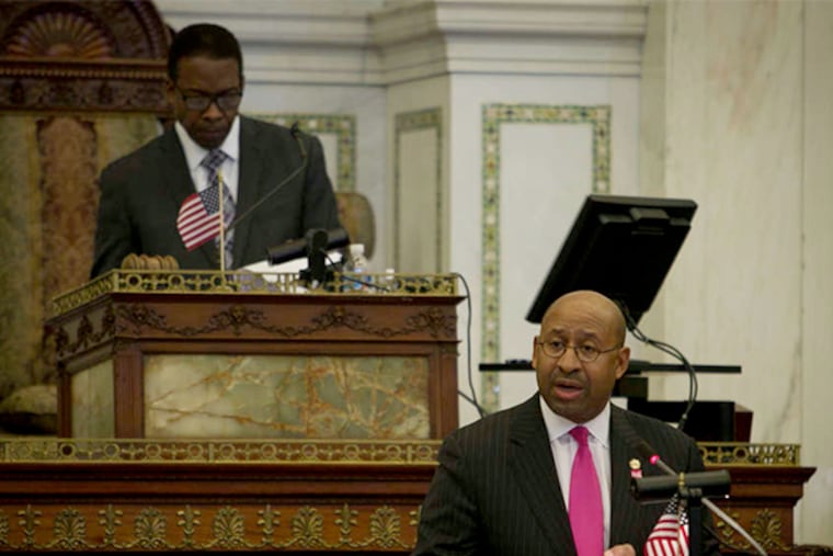 Mayor Nutter delivers his budget address in Council chambers. Behind him is Council President Darrell Clarke, an outspoken critic of the mayor.