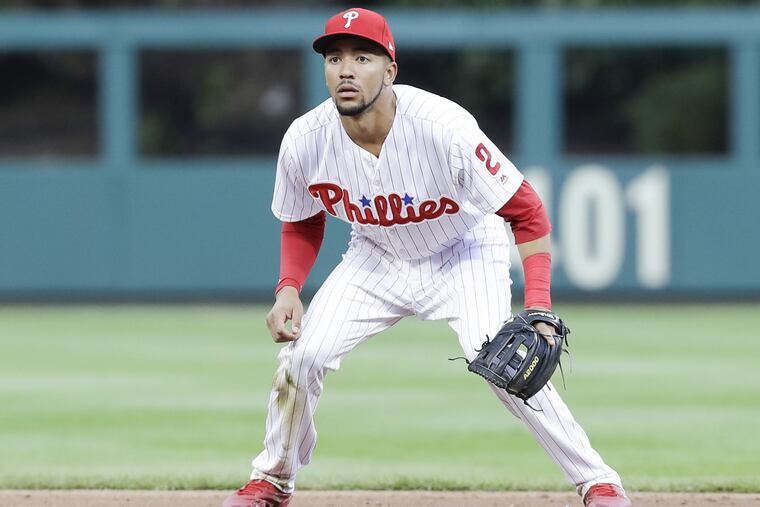 Phillies shortstop J.P. Crawford plays the defensive shift at second against the Atlanta Braves on Saturday, April 28, 2018 in Philadelphia.