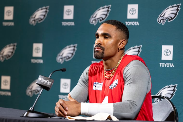 Jalen Hurts talks to the media Tuesday at the NovaCare Complex.