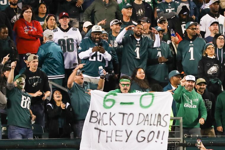 An Eagles fan holds a sign after a 26-17 win over the Dallas Cowboys at Lincoln Financial Field.