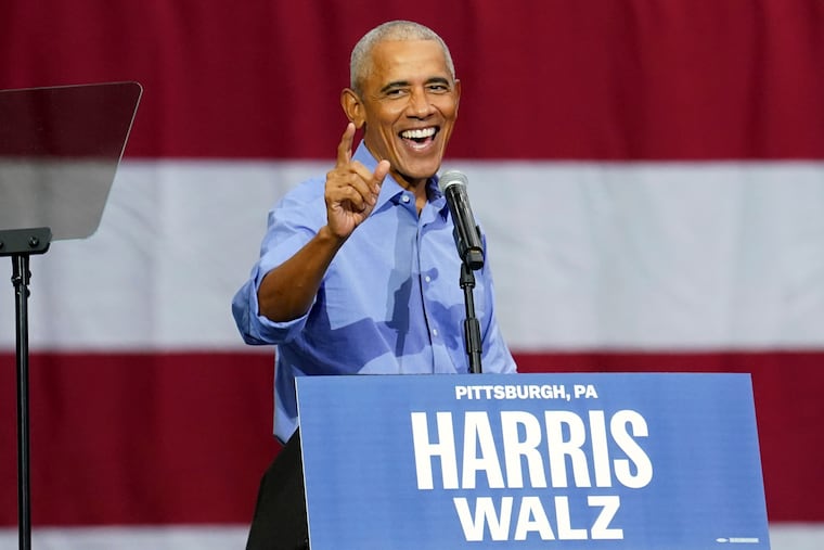 Former President Barack Obama addresses a campaign rally supporting Democratic presidential nominee Vice President Kamala Harris on Oct. 10 at the University of Pittsburgh's Fitzgerald Field House.