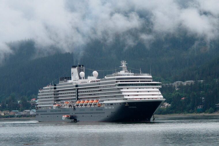 FILE- In this Aug. 29, 2011 file photo, the Holland America Westerdam, is shown in Juneau, Alaska. A federal judge in Miami threatened on Wednesday, April 10, 2019, to temporarily block Carnival Corp. from docking cruise ships at ports in the United States as punishment for a possible probation violation. (AP Photo/Becky Bohrer, File)