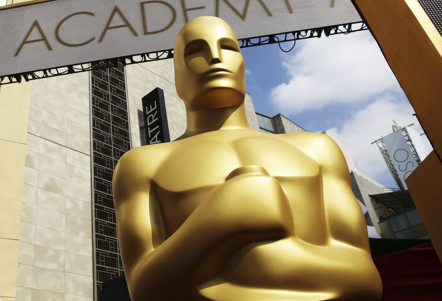 FILE - In this Feb. 21, 2015, file photo, an Oscar statue appears outside the Dolby Theatre for the 87th Academy Awards in Los Angeles. Academy Awards producers Donna Gigliotti and Glenn Weiss say that the 91st Oscars are in good shape for Sunday, Feb. 24, 2019. In an interview with The Associated Press Thursday, both said they are feeling confident about the look, the flow and the presenters, which include A-listers and legends like Barbra Streisand, and even a few from outside of the movie business, like Serena Williams. (Photo by Matt Sayles/Invision/AP, File)