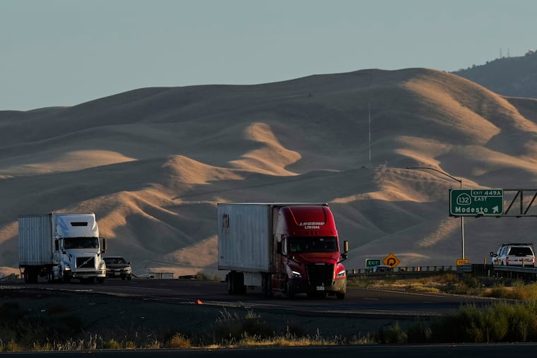 Freight trucks travel northbound on Interstate 5 Highway on Sept. 3, 2025, in Tracy, Calif.