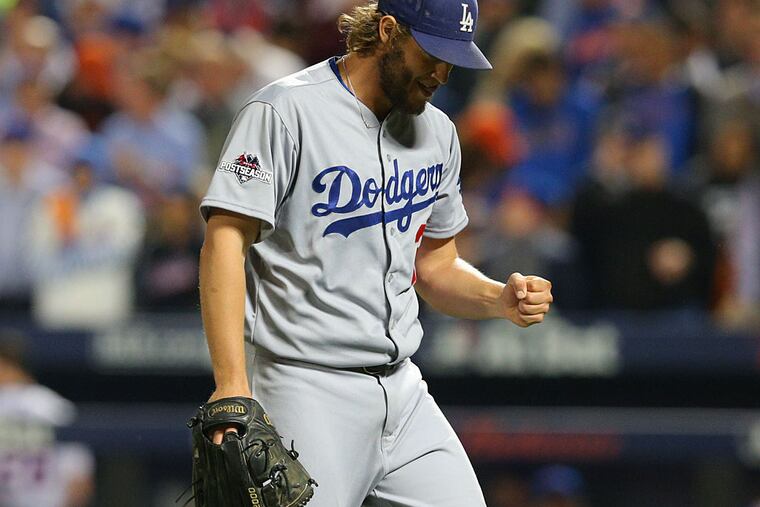 Los Angeles Dodgers starting pitcher Clayton Kershaw (22) reacts after the seventh inning against the New York Mets in game four of the NLDS at Citi Field.