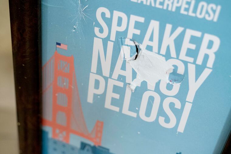 A damaged sign in front of the office of Speaker of the House Nancy Pelosi, D-Calif.