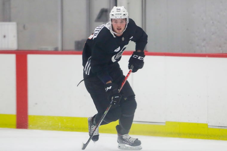 Flyers right wing Tyson Foerster skates with the puck during practice on Monday, January 4, 2021 in Voorhees, New Jersey.