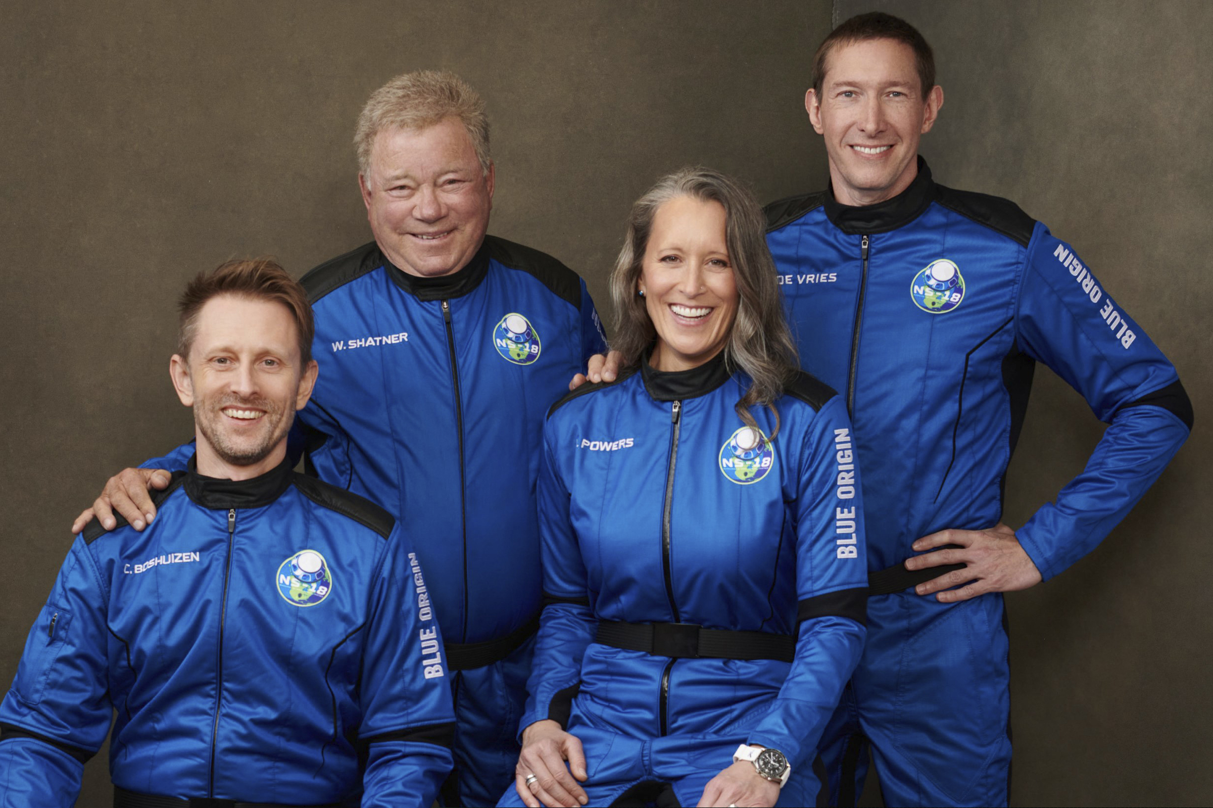 This undated photo made available by Blue Origin in October 2021 shows, from left, Chris Boshuizen, William Shatner, Audrey Powers and Glen de Vries. Their launch scheduled for Wednesday will be Blue Origin’s second passenger flight.