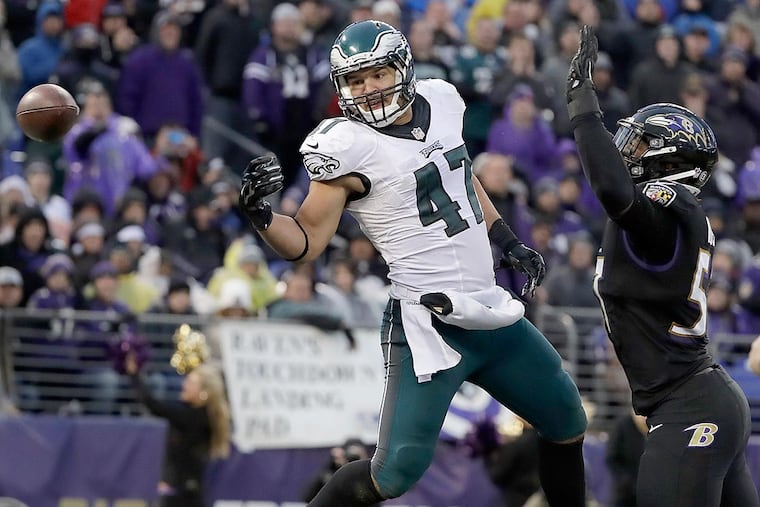 Trey Burton tries to the catch the ball in the end zone against the Ravens' inside linebacker C.J. Mosley.