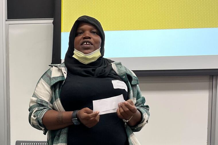 Antoinette Parnell, an Achieving the Dream scholarship recipient, speaks at the Community College of Philadelphia, where she studies nursing, on Sept 14, 2023.