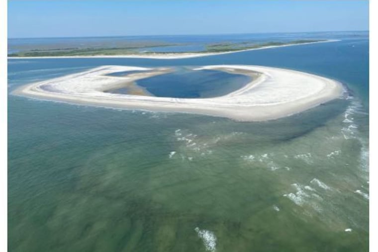 Aerial photograph of Horseshoe Island in June 2021, looking northwest toward Little Beach Island and the Edwin B. Forsythe National Wildlife Refuge.