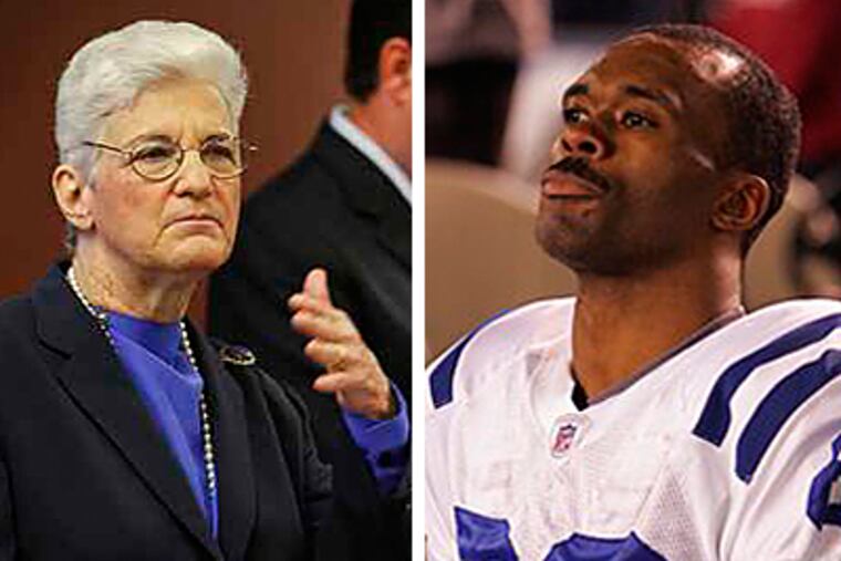 Phila. District Attorney Lynne Abraham (left) announced today that bullet casings found at the scene of an April shooting came from a gun owned by Colts' wide receiver Marvin Harrison (right). The shooter, however, still remains a mystery.