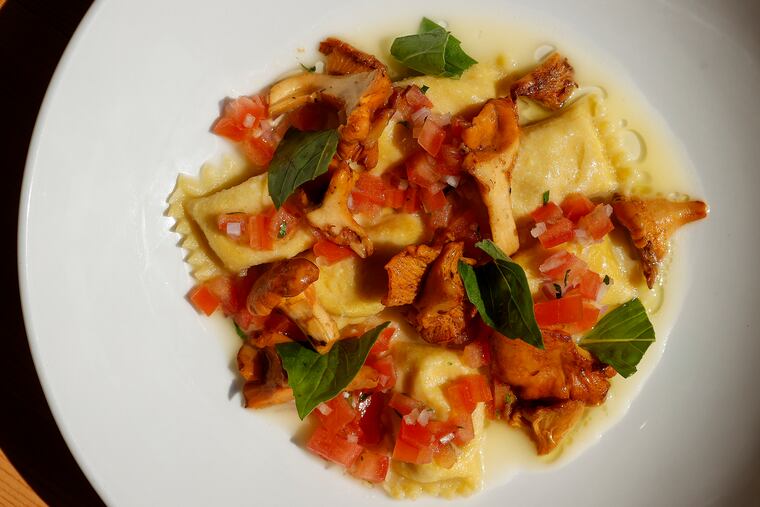 The Corn Agnolotti with chanterelles, tomatoes and red wine vinegar served at Clementine's Stable Cafe.