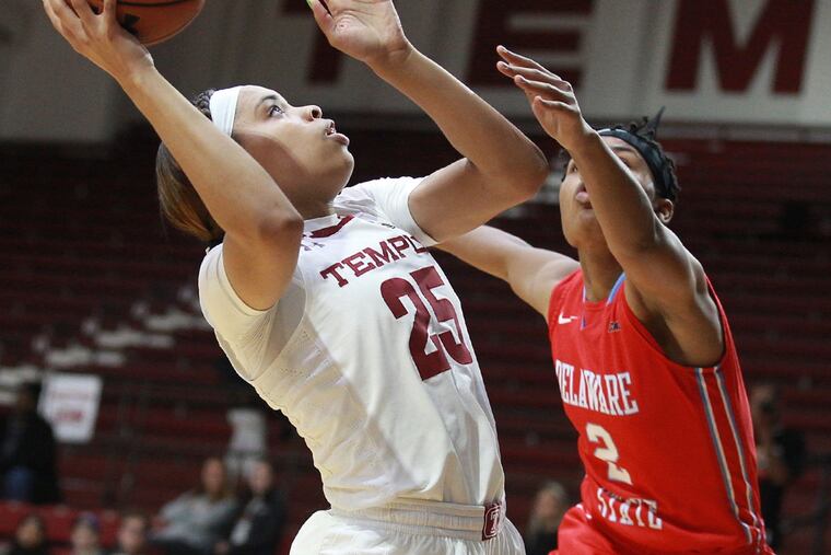 Temple's Mia Davis, pictured in a previous game against Delaware State, had 26 points and 11 rebounds Friday in a win over Duquesne.