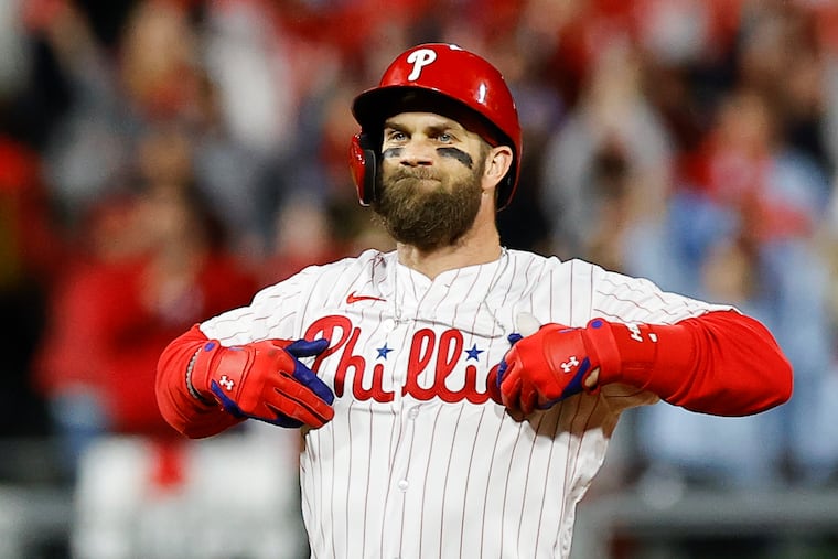 Phillies designated hitter Bryce Harper after hitting a double against the San Diego Padres in game four of the National League Championship Series on Saturday, October 22, 2022 in Philadelphia.