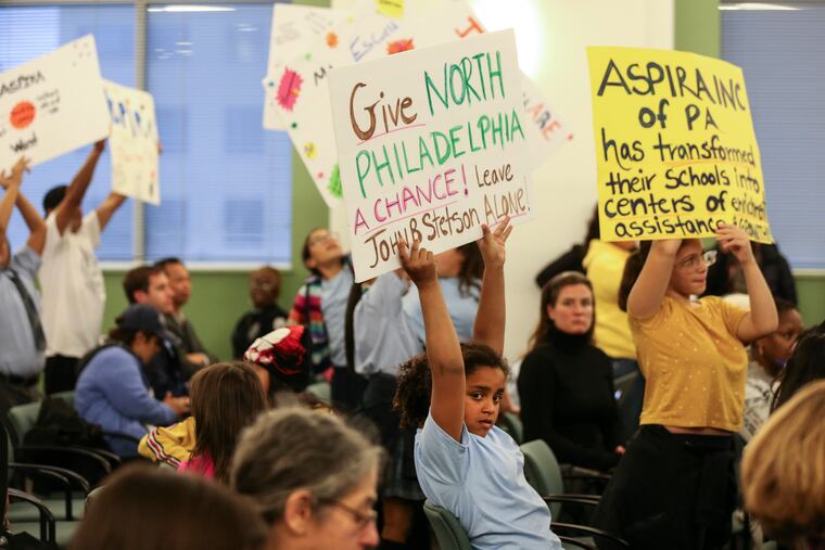 Students protest the Philadelphia school board meeting on Thursday, October 17, 2019, where the board voted not to renew two charter schools Stetson and Olney charter that are run by the powerful nonprofit ASPIRA.