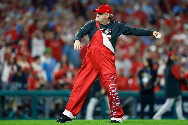 John Kruk, throwing out the ceremonial first pitch before Game 7 of the 2023 NLCS at Citizens Bank Park, hit 62 of his 100 career home runs with the Phillies.