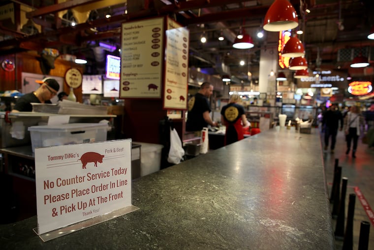 DiNic’s did not offer counter service during lunch on Monday at Reading Terminal Market in Philadelphia. The market was taking precautions due to the coronavirus.