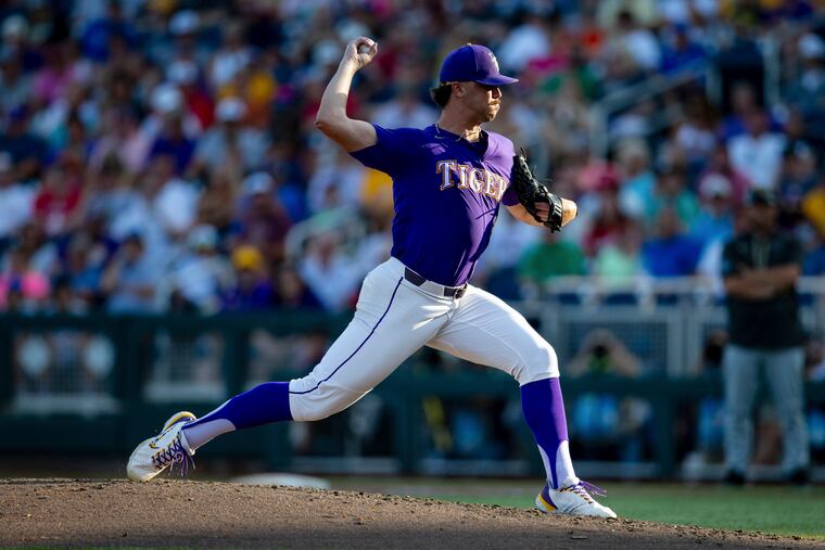 LSU pitcher Paul Skenes throws to a Wake Forest batter during the College World Series on June 22 in Omaha, Neb.