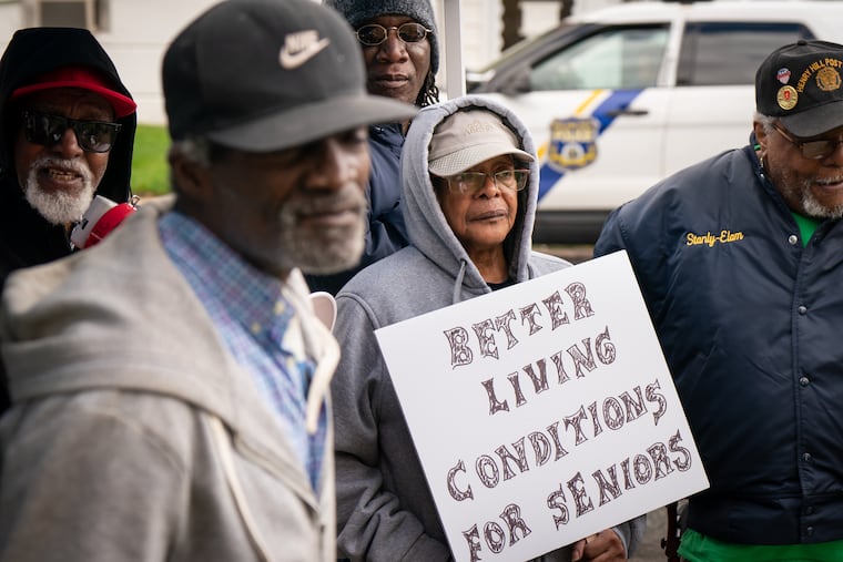 Residents protest against the living conditions at Brith Sholom House apartments in Philadelphia in 2024. Too many rental units are in buildings with deplorable conditions, writes B. Cincere Wilson.