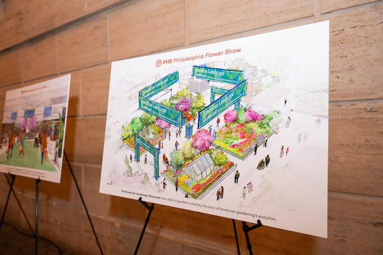 A rendering of the 2026 Philadelphia Flower show is on display during a Jan. 14 news conference at Union Trust. The theme of this year’s flower show is called "Rooted: Origins of American Gardening."