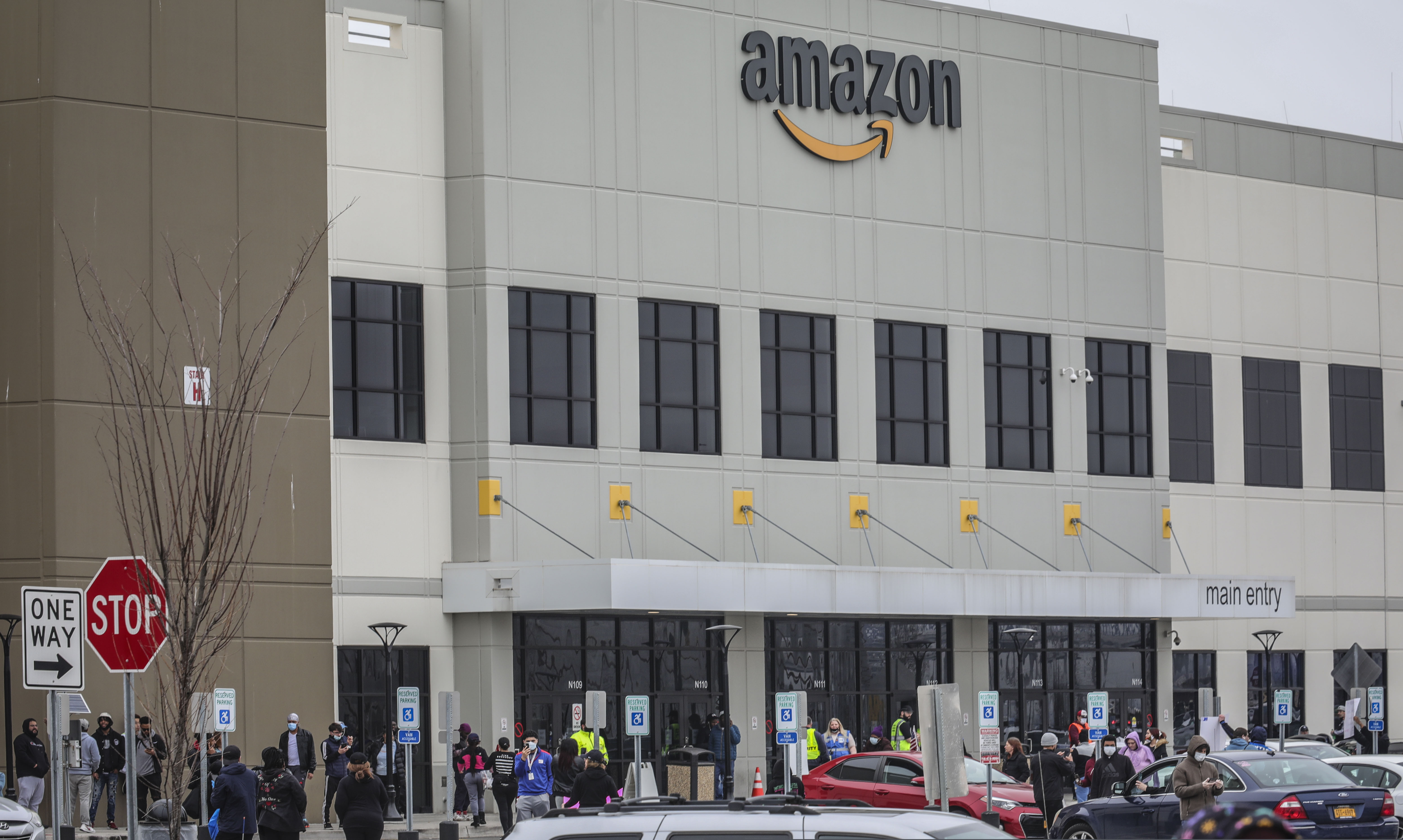 Workers at Amazon's fulfillment center in Staten Island, N.Y., protest work conditions in late March.