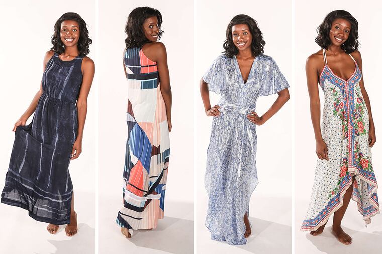 (L-R) Blue silk maxi, Ecru ($370) at Gem'n'i Fine Jewelry & Boutique. Color-block indigo maxi, Nic + Zoe ($213) at Gem'n'i Fine Jewelry & Boutique. Sparkling-blue kimono maxi, Maje ($700) at Bloomingdale's. Floral asymmetrical maxi, Flying Tomato ($29.99) at Century 21 Department Stores.