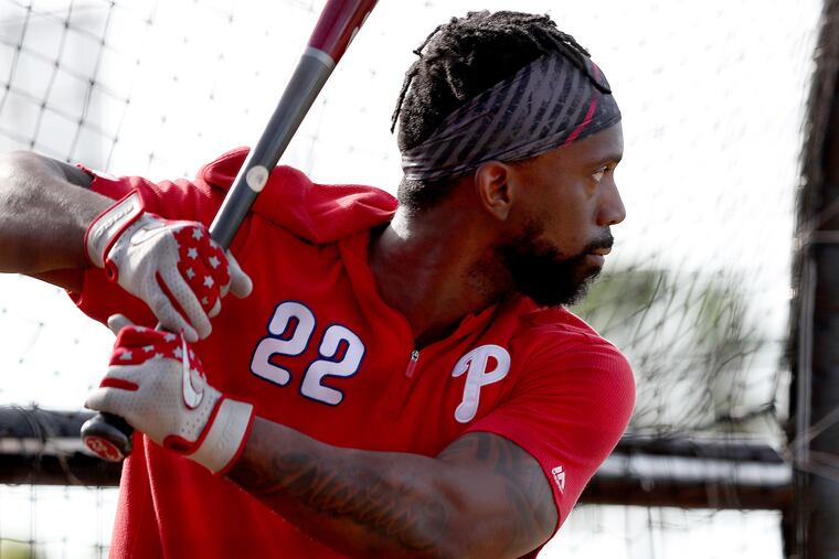Andrew McCutchen takes batting practice on opening day of Phillies spring training in Clearwater, FL on February 12, 2020. .