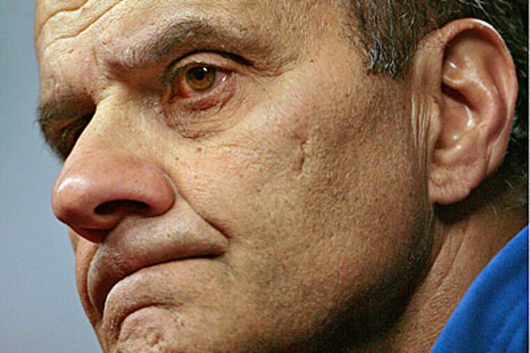 Dodgers' manager Joe Torre addresses the media at Citizen's Bank Park on Saturday. (Elizabeth Robertson / Staff Photographer)