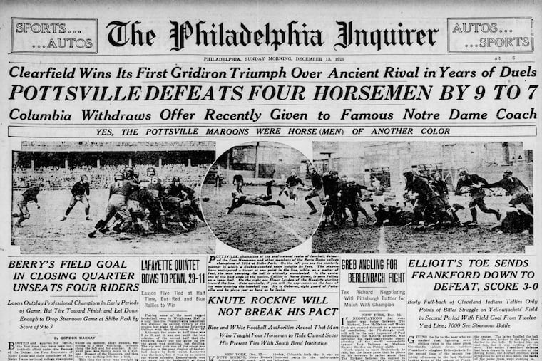 The front of The Inquirer's Sports section on Dec. 13, 1925, recounting a 9-7 victory by the Pottsville Maroons over the Notre Dame All-Stars at Shibe Park the day before. The win would prove costly to Pottsville.